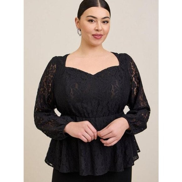 Torrid 2x Black Balloon Sleeve Peplum Lace Top Whimsigoth Dark Cottage Romantic - Picture 1 of 7